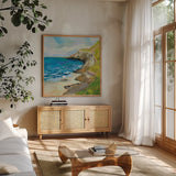 The Bluffs by Jeanette Vertentes. Shown in a natural wood frame in a cozy modern living room. Available as an archival giclee rolled canvas, fine art paper, or poster print. SKU 59572a.