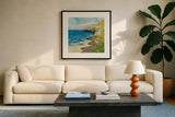 The Bluffs by Jeanette Vertentes. Displayed in a glass frame with matte in a clean modern living room. Available as an archival giclee rolled canvas, fine art paper, or poster print. SKU 59572a.