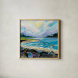 The Coastline by Jeanette Vertentes. Shown in a natural wood glass frame for a timeless modern aesthetic. Available as an archival giclee rolled canvas, fine art paper, or poster print. SKU 59571a.