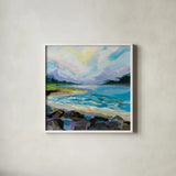 The Coastline by Jeanette Vertentes. Shown in a crisp white glass frame for a clean and minimalist style. Available as an archival giclee rolled canvas, fine art paper, or poster print. SKU 59571a.