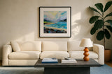 The Coastline by Jeanette Vertentes. Displayed in a glass frame with matte in a clean modern living room. Available as an archival giclee rolled canvas, fine art paper, or poster print. SKU 59571a.