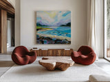 The Coastline by Jeanette Vertentes. Shown as extra-large giant wall art in a modern living room. Available as an archival giclee rolled canvas, fine art paper, or poster print. SKU 59571a.