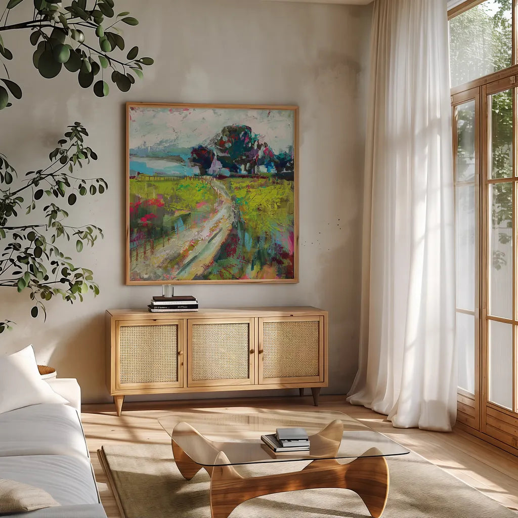 The Meadow by Jeanette Vertentes. Shown in a natural wood frame in a cozy modern living room. Available as an archival giclee rolled canvas, fine art paper, or poster print. SKU 59575a.