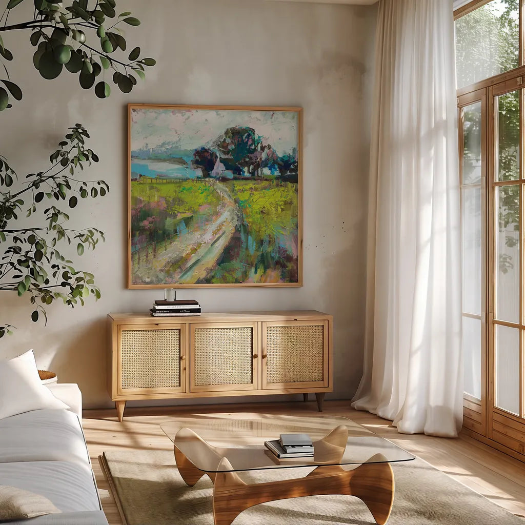 The Meadow v2 by Jeanette Vertentes. Shown in a natural wood frame in a cozy modern living room. Available as an archival giclee rolled canvas, fine art paper, or poster print. SKU 61331a.