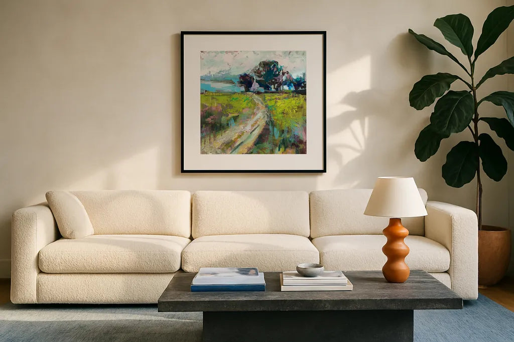 The Meadow v2 by Jeanette Vertentes. Displayed in a glass frame with matte in a clean modern living room. Available as an archival giclee rolled canvas, fine art paper, or poster print. SKU 61331a.