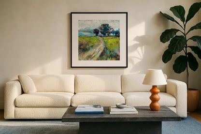 The Meadow v2 by Jeanette Vertentes. Displayed in a glass frame with matte in a clean modern living room. Available as an archival giclee rolled canvas, fine art paper, or poster print. SKU 61331a.
