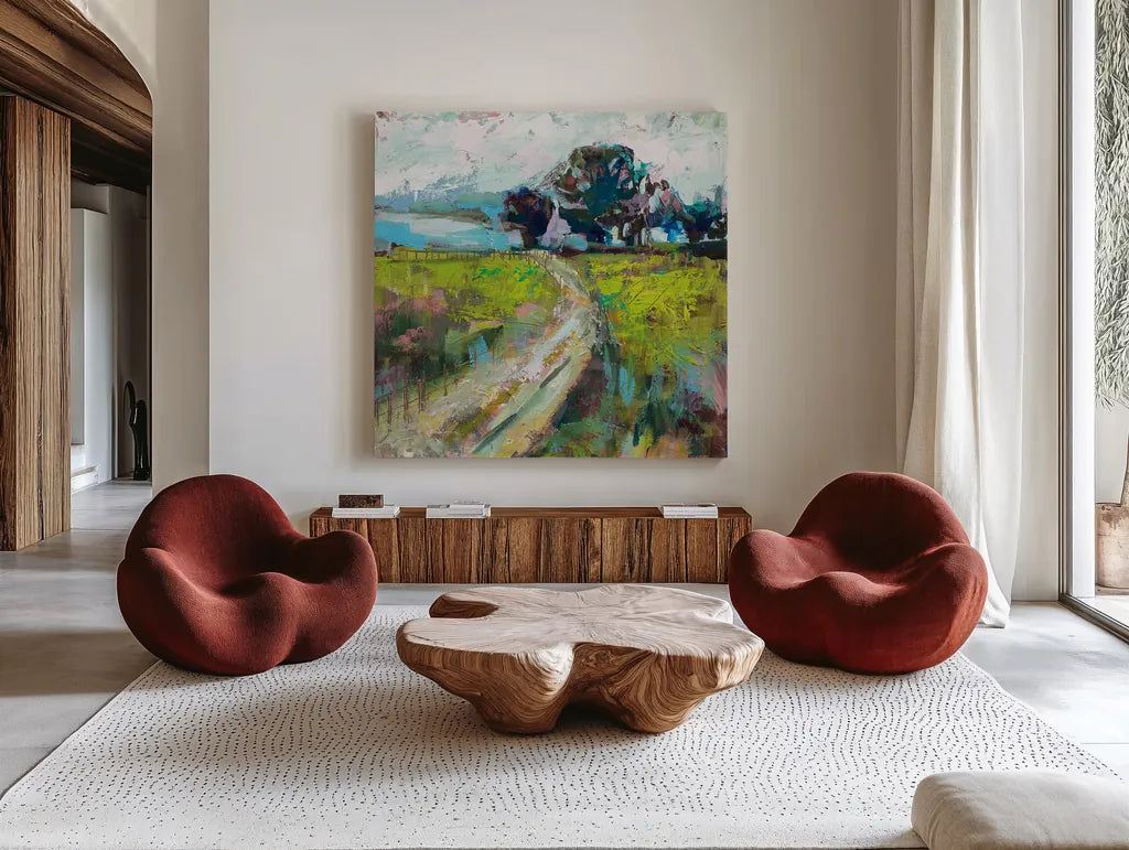 The Meadow v2 by Jeanette Vertentes. Shown as extra-large giant wall art in a modern living room. Available as an archival giclee rolled canvas, fine art paper, or poster print. SKU 61331a.