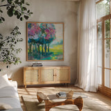The Orchard by Jeanette Vertentes. Shown in a natural wood frame in a cozy modern living room. Available as an archival giclee rolled canvas, fine art paper, or poster print. SKU 59576a.