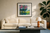 The Orchard by Jeanette Vertentes. Displayed in a glass frame with matte in a clean modern living room. Available as an archival giclee rolled canvas, fine art paper, or poster print. SKU 59576a.