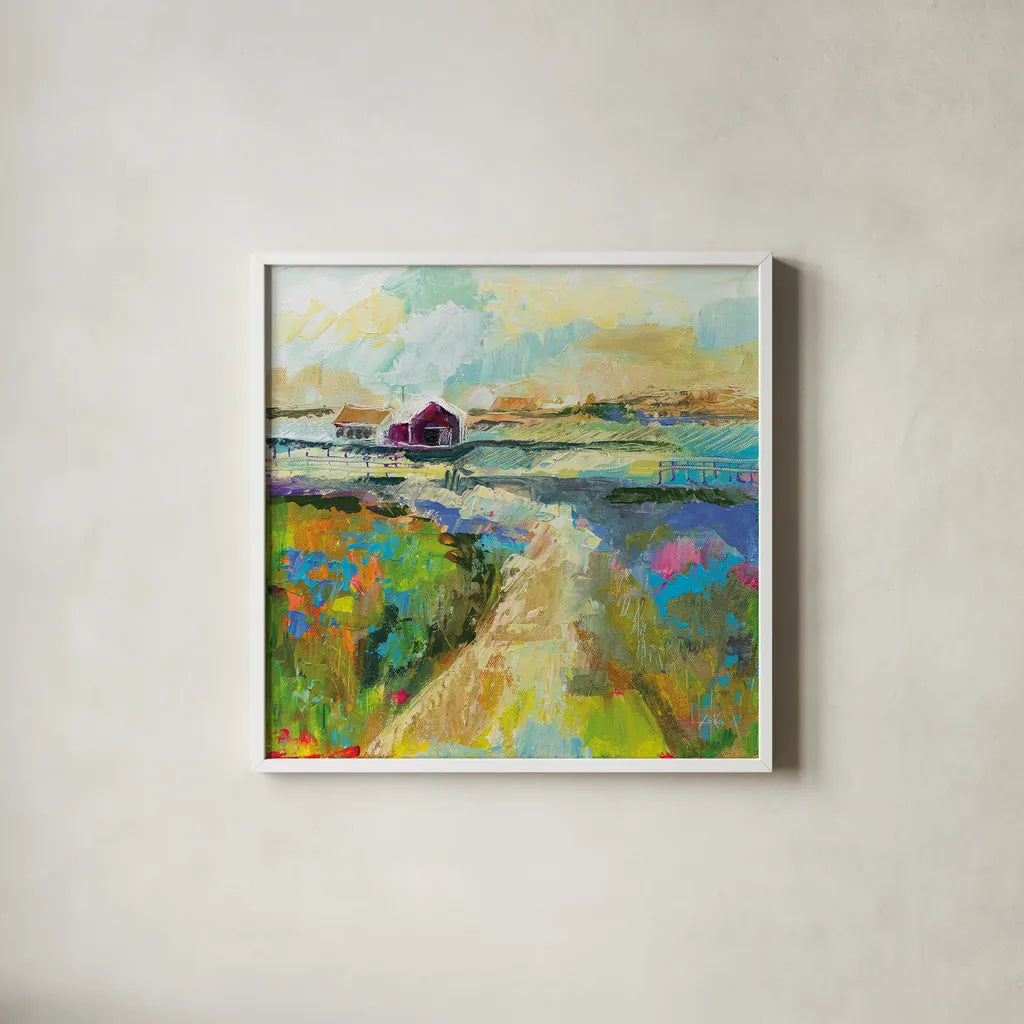 The Pasture by Jeanette Vertentes. Shown in a crisp white glass frame for a clean and minimalist style. Available as an archival giclee rolled canvas, fine art paper, or poster print. SKU 59580a.