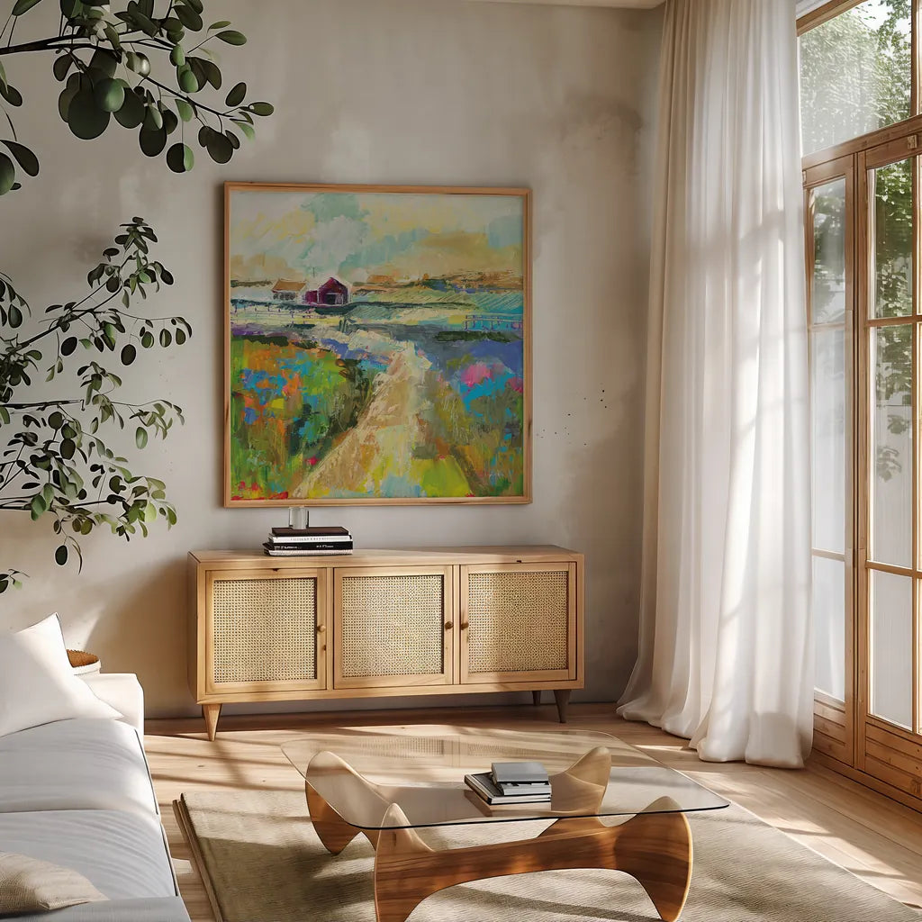 The Pasture by Jeanette Vertentes. Shown in a natural wood frame in a cozy modern living room. Available as an archival giclee rolled canvas, fine art paper, or poster print. SKU 59580a.