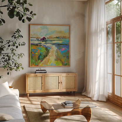 The Pasture by Jeanette Vertentes. Shown in a natural wood frame in a cozy modern living room. Available as an archival giclee rolled canvas, fine art paper, or poster print. SKU 59580a.