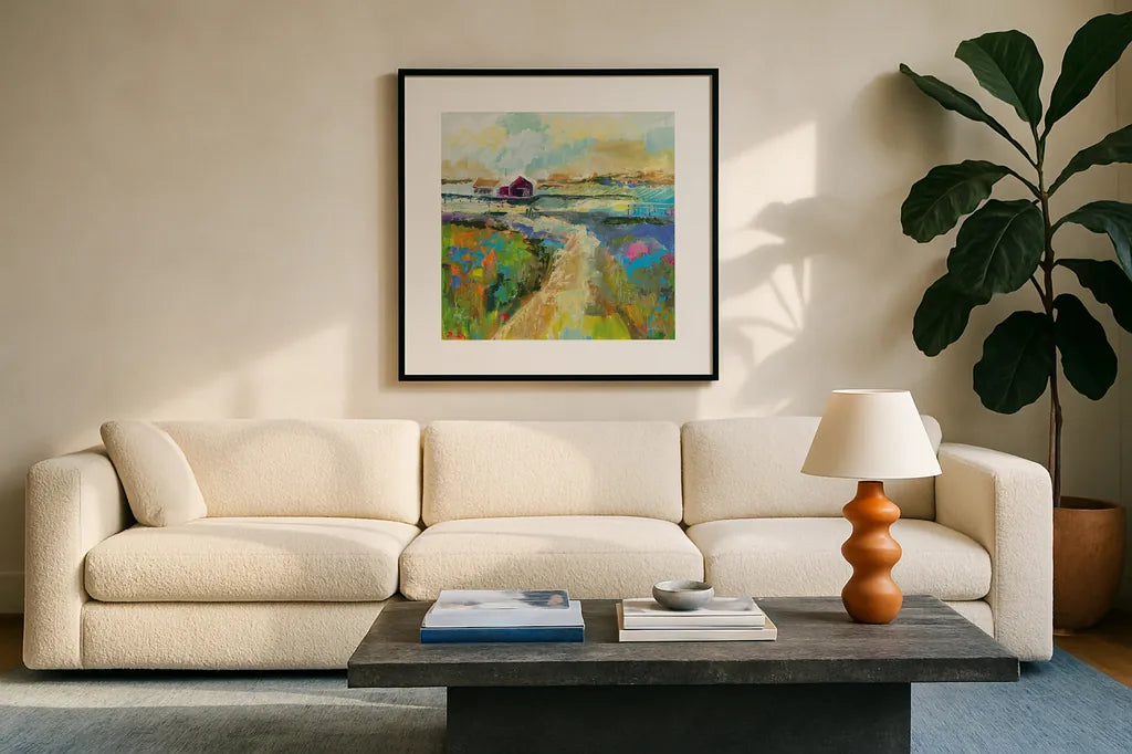 The Pasture by Jeanette Vertentes. Displayed in a glass frame with matte in a clean modern living room. Available as an archival giclee rolled canvas, fine art paper, or poster print. SKU 59580a.