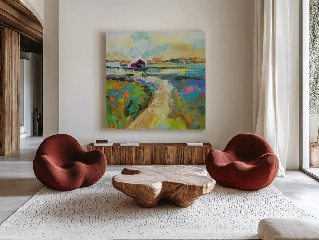 The Pasture by Jeanette Vertentes. Shown as extra-large giant wall art in a modern living room. Available as an archival giclee rolled canvas, fine art paper, or poster print. SKU 59580a.