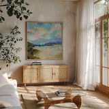 The Shore by Jeanette Vertentes. Shown in a natural wood frame in a cozy modern living room. Available as an archival giclee rolled canvas, fine art paper, or poster print. SKU 59573a.