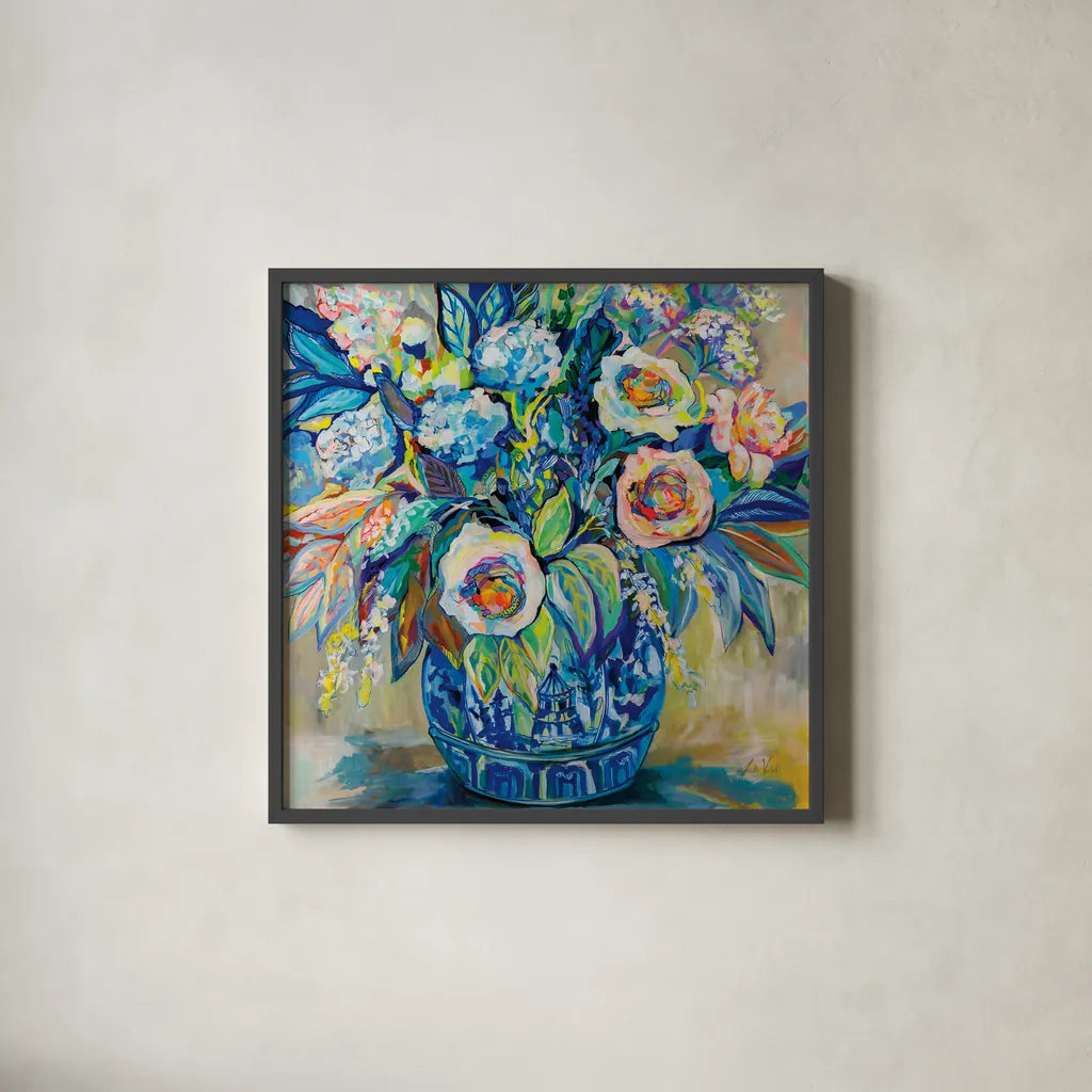 Think Spring by Jeanette Vertentes. Shown in a sleek black glass frame for a contemporary gallery look. Available as an archival giclee rolled canvas, fine art paper, or poster print. SKU 78356a.