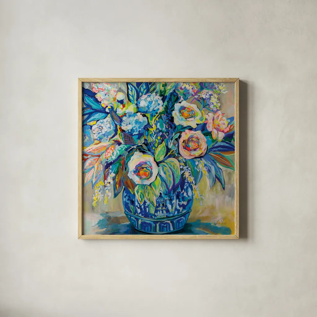 Think Spring by Jeanette Vertentes. Shown in a natural wood glass frame for a timeless modern aesthetic. Available as an archival giclee rolled canvas, fine art paper, or poster print. SKU 78356a.