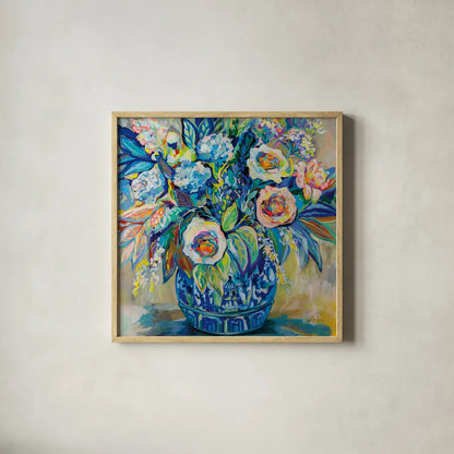Think Spring by Jeanette Vertentes. Shown in a natural wood glass frame for a timeless modern aesthetic. Available as an archival giclee rolled canvas, fine art paper, or poster print. SKU 78356a.