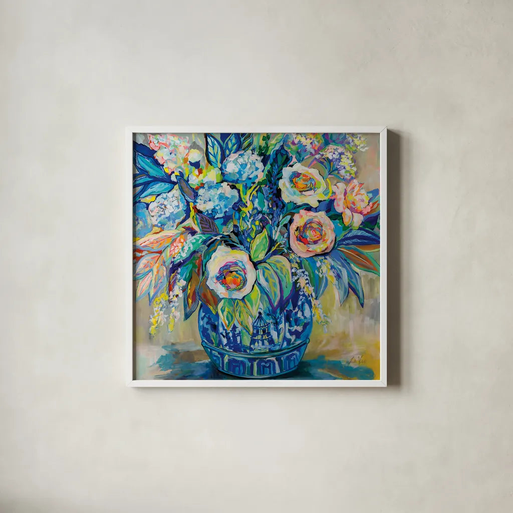 Think Spring by Jeanette Vertentes. Shown in a crisp white glass frame for a clean and minimalist style. Available as an archival giclee rolled canvas, fine art paper, or poster print. SKU 78356a.