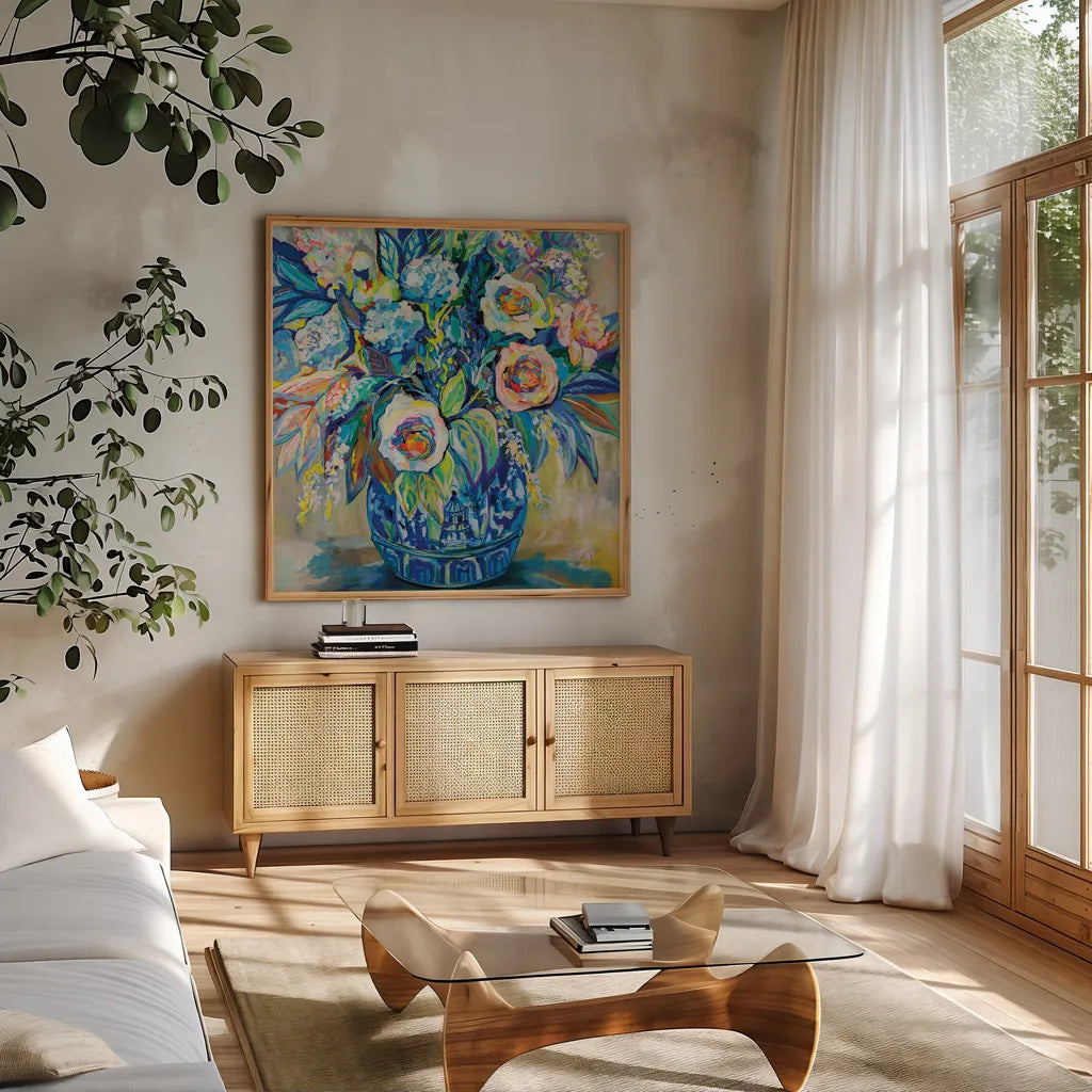 Think Spring by Jeanette Vertentes. Shown in a natural wood frame in a cozy modern living room. Available as an archival giclee rolled canvas, fine art paper, or poster print. SKU 78356a.