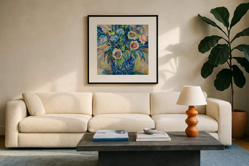 Think Spring by Jeanette Vertentes. Displayed in a glass frame with matte in a clean modern living room. Available as an archival giclee rolled canvas, fine art paper, or poster print. SKU 78356a.