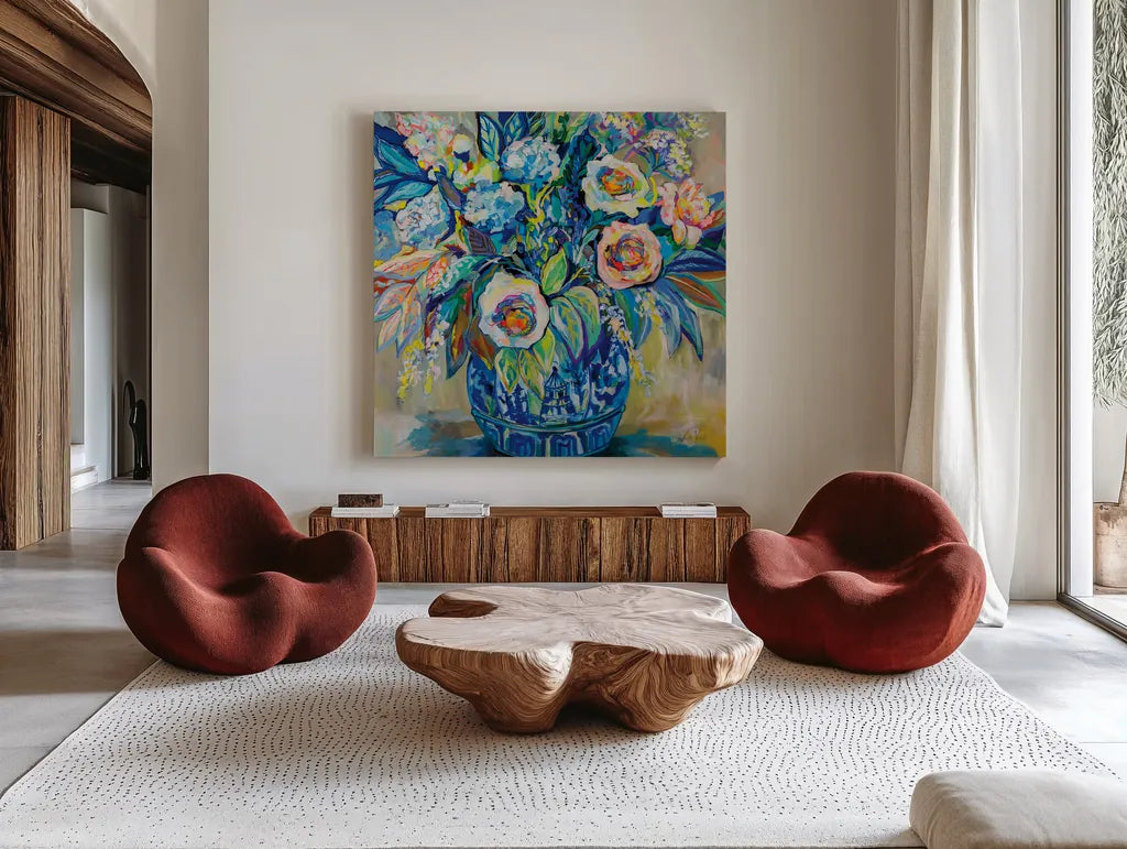 Think Spring by Jeanette Vertentes. Shown as extra-large giant wall art in a modern living room. Available as an archival giclee rolled canvas, fine art paper, or poster print. SKU 78356a.