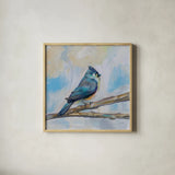 Titmouse by Jeanette Vertentes. Shown in a natural wood glass frame for a timeless modern aesthetic. Available as an archival giclee rolled canvas, fine art paper, or poster print. SKU 63456a.