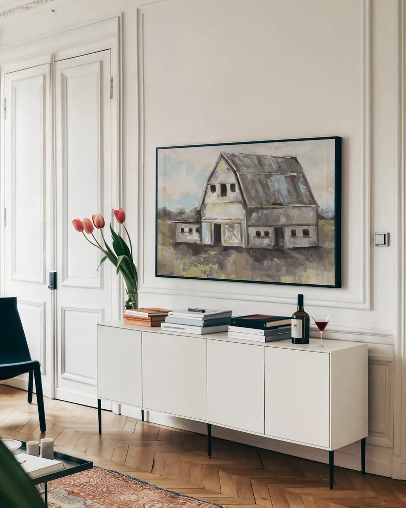 Tranquil Barn by Jeanette Vertentes. shown as a framed stretched canvas in a living room above a console. Available as a archival giclee rolled canvas, fine art paper, or poster print. SKU 61287i.