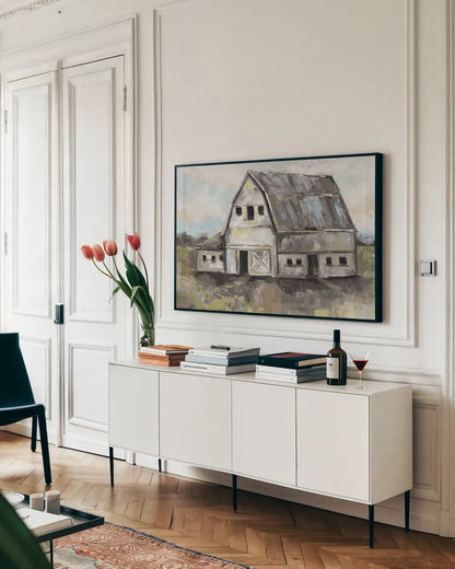 Tranquil Barn by Jeanette Vertentes. shown as a framed stretched canvas in a living room above a console. Available as a archival giclee rolled canvas, fine art paper, or poster print. SKU 61287i.