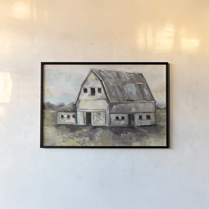 Tranquil Barn by Jeanette Vertentes. shown as a paper print in a black flame. Available as a archival giclee rolled canvas, fine art paper, or poster print. SKU 61287i.