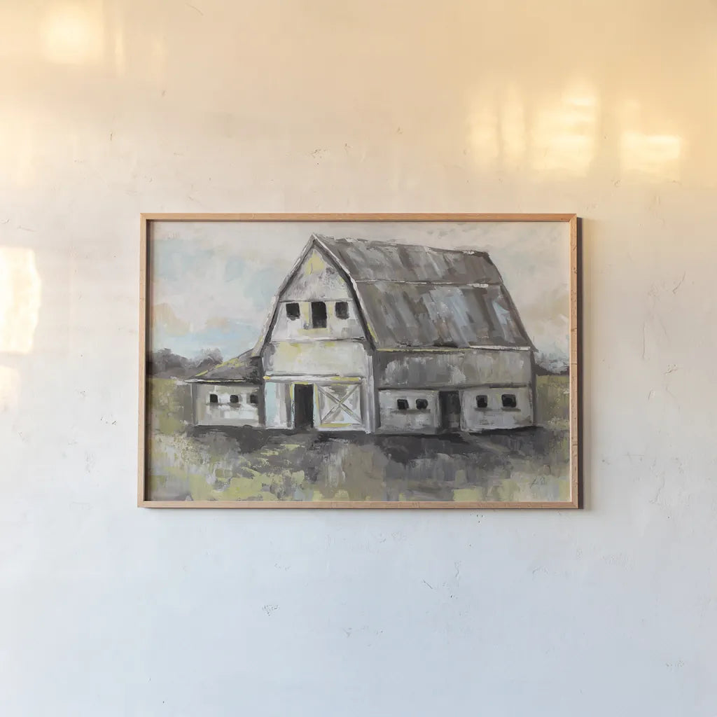 Tranquil Barn by Jeanette Vertentes. shown as a paper print in a natural frame. Available as a archival giclee rolled canvas, fine art paper, or poster print. SKU 61287i.