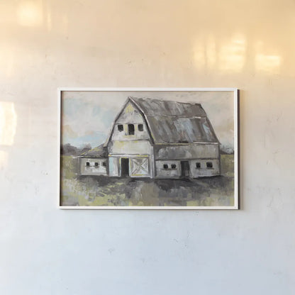 Tranquil Barn by Jeanette Vertentes. shown as a paper print in a white frame. Available as a archival giclee rolled canvas, fine art paper, or poster print. SKU 61287i.