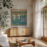 Trio by Jeanette Vertentes. Shown in a natural wood frame in a cozy modern living room. Available as an archival giclee rolled canvas, fine art paper, or poster print. SKU 49133a.