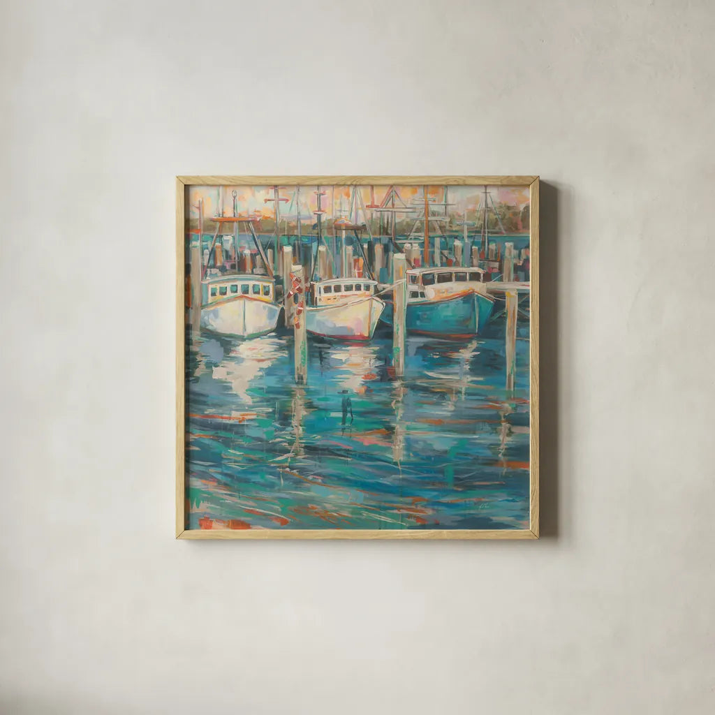 Trio Light by Jeanette Vertentes. Shown in a natural wood glass frame for a timeless modern aesthetic. Available as an archival giclee rolled canvas, fine art paper, or poster print. SKU 50080a.