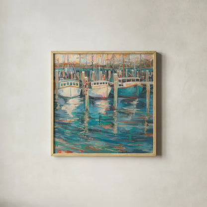 Trio Light by Jeanette Vertentes. Shown in a natural wood glass frame for a timeless modern aesthetic. Available as an archival giclee rolled canvas, fine art paper, or poster print. SKU 50080a.