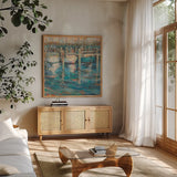 Trio Light by Jeanette Vertentes. Shown in a natural wood frame in a cozy modern living room. Available as an archival giclee rolled canvas, fine art paper, or poster print. SKU 50080a.