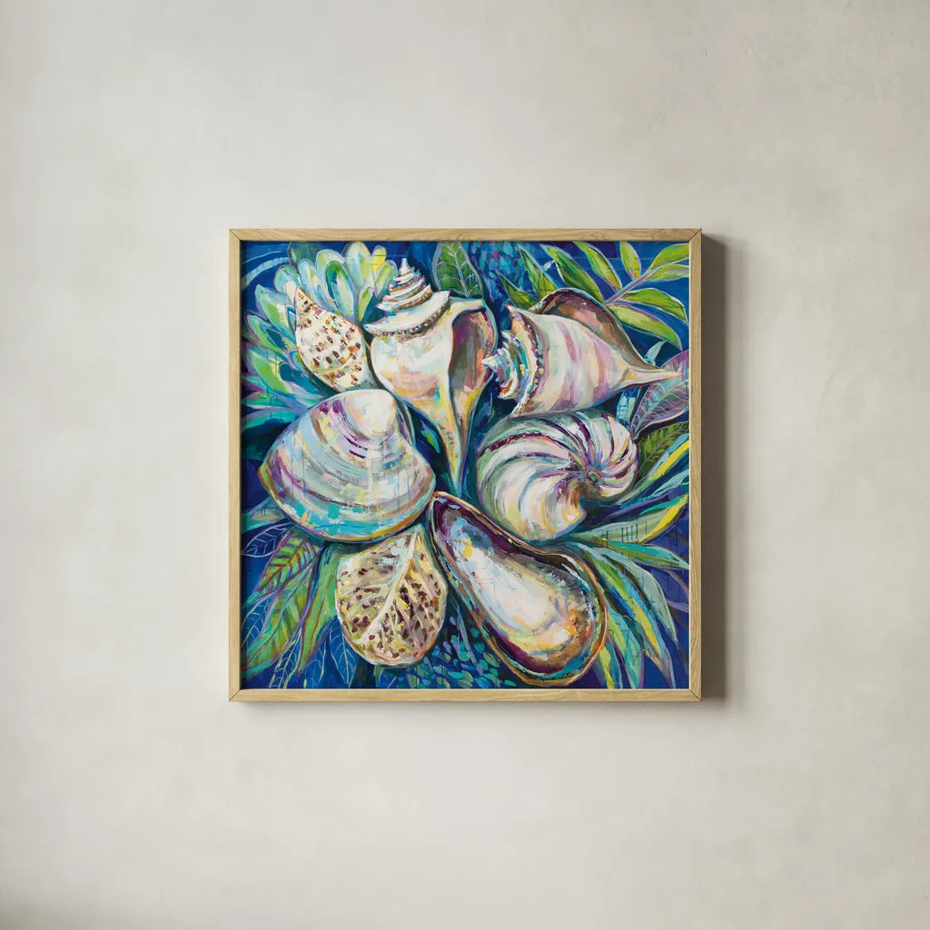 Tropical by Jeanette Vertentes. Shown in a natural wood glass frame for a timeless modern aesthetic. Available as an archival giclee rolled canvas, fine art paper, or poster print. SKU 61461a.