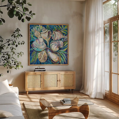 Tropical by Jeanette Vertentes. Shown in a natural wood frame in a cozy modern living room. Available as an archival giclee rolled canvas, fine art paper, or poster print. SKU 61461a.