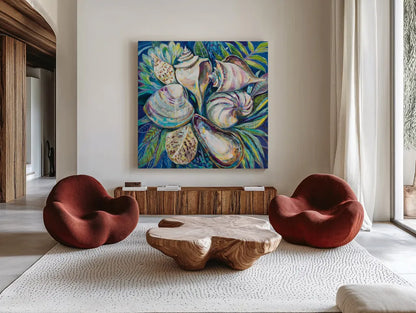 Tropical by Jeanette Vertentes. Shown as extra-large giant wall art in a modern living room. Available as an archival giclee rolled canvas, fine art paper, or poster print. SKU 61461a.