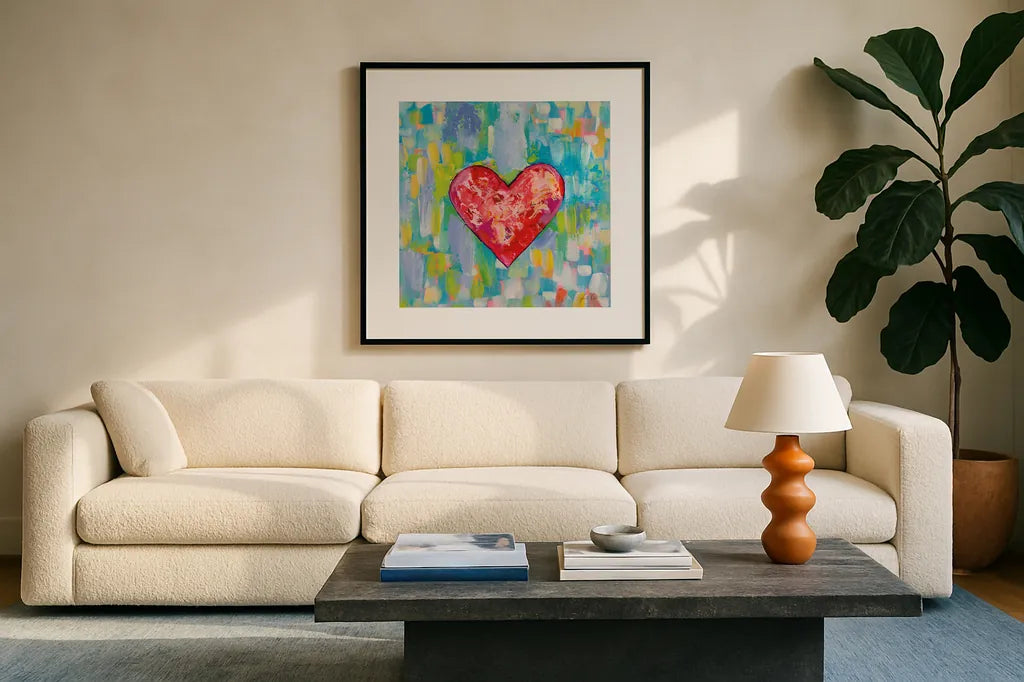 True Love by Jeanette Vertentes. Displayed in a glass frame with matte in a clean modern living room. Available as an archival giclee rolled canvas, fine art paper, or poster print. SKU 78275a.