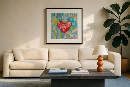True Love by Jeanette Vertentes. Displayed in a glass frame with matte in a clean modern living room. Available as an archival giclee rolled canvas, fine art paper, or poster print. SKU 78275a.