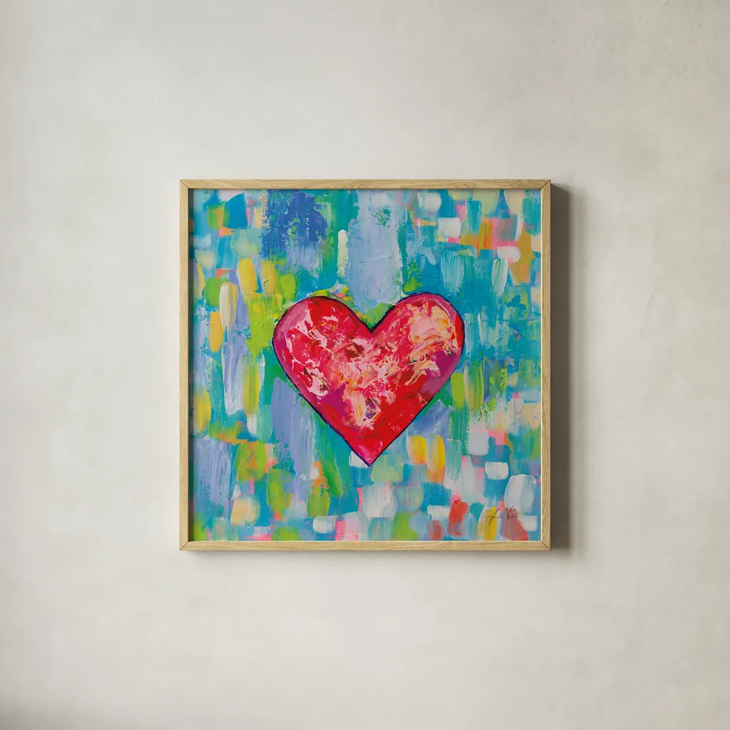 True Love Bright by Jeanette Vertentes. Shown in a natural wood glass frame for a timeless modern aesthetic. Available as an archival giclee rolled canvas, fine art paper, or poster print. SKU 85471a.