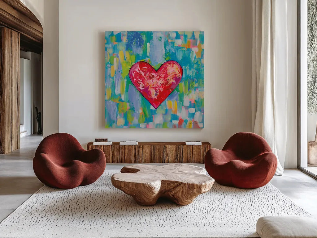 True Love Bright by Jeanette Vertentes. Shown as extra-large giant wall art in a modern living room. Available as an archival giclee rolled canvas, fine art paper, or poster print. SKU 85471a.