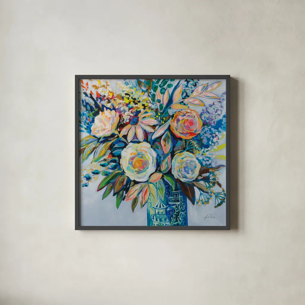 Turquoise Days by Jeanette Vertentes. Shown in a sleek black glass frame for a contemporary gallery look. Available as an archival giclee rolled canvas, fine art paper, or poster print. SKU 79329a.