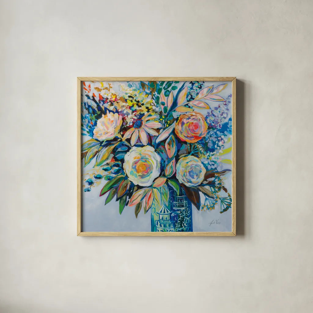 Turquoise Days by Jeanette Vertentes. Shown in a natural wood glass frame for a timeless modern aesthetic. Available as an archival giclee rolled canvas, fine art paper, or poster print. SKU 79329a.