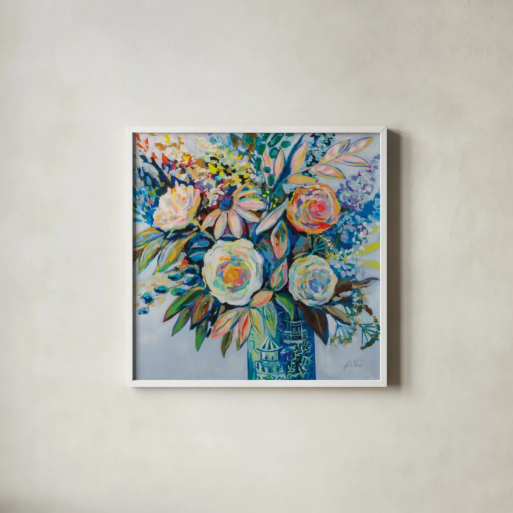 Turquoise Days by Jeanette Vertentes. Shown in a crisp white glass frame for a clean and minimalist style. Available as an archival giclee rolled canvas, fine art paper, or poster print. SKU 79329a.