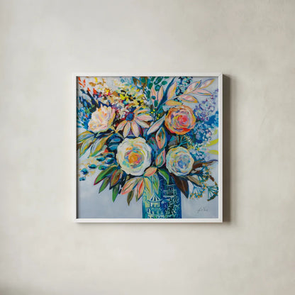 Turquoise Days by Jeanette Vertentes. Shown in a crisp white glass frame for a clean and minimalist style. Available as an archival giclee rolled canvas, fine art paper, or poster print. SKU 79329a.