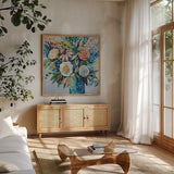 Turquoise Days by Jeanette Vertentes. Shown in a natural wood frame in a cozy modern living room. Available as an archival giclee rolled canvas, fine art paper, or poster print. SKU 79329a.