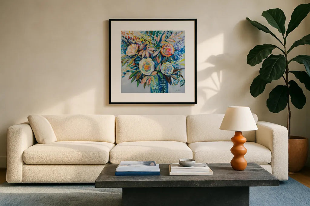 Turquoise Days by Jeanette Vertentes. Displayed in a glass frame with matte in a clean modern living room. Available as an archival giclee rolled canvas, fine art paper, or poster print. SKU 79329a.