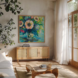 Vibrance by Jeanette Vertentes. Shown in a natural wood frame in a cozy modern living room. Available as an archival giclee rolled canvas, fine art paper, or poster print. SKU 54410a.